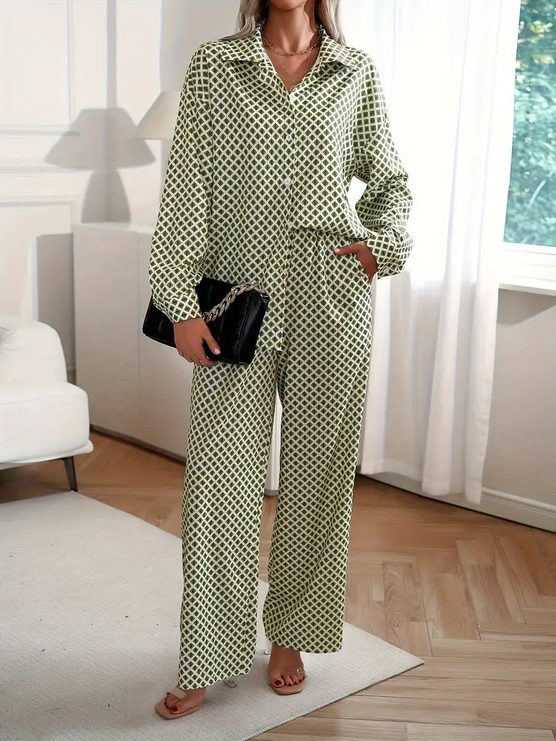 Print Two piece Set Casual Button Front Shirt Wide Leg Pants - Temu | Temu Affiliate Program