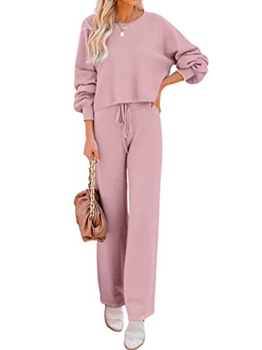 Ekouaer Knit Lounge Sets for Women 2 Piece Cozy Long Sleeve Pullover Sweater Top and Wide Leg Pants Set Pajamas Outfits Pink | Amazon (US)