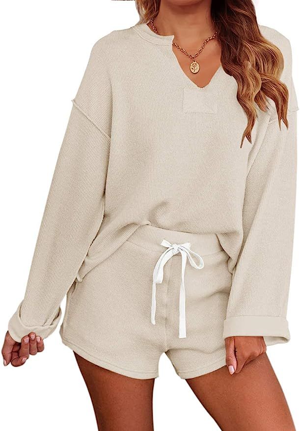 MEROKEETY Women's Long Sleeve Pajama Set Henley Knit Tops and Shorts Sleepwear Loungewear | Amazon (US)