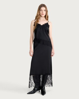 F&F Satin Lace Trim Co-ord Midi Skirt in Black | Tesco F&F