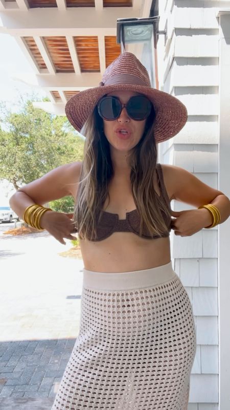 Brown sparkly swimsuit (wearing my usual size), beige crochet knit maxi skirt, round tortoise target sunglasses, brown straw hat, gold bangles

#LTKSwim #LTKBump