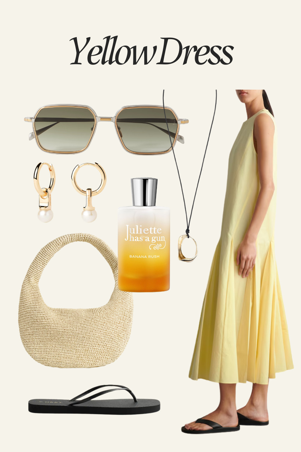 Yellow dress outfit idea. Effortless yellow dress look made for warm days. Sunglasses, pearl earrings, woven bag, summer fragrance, long necklace, summer sandals, summer outfit. 

 #LTKEurope #LTKStyleTip #LTKootd #LTKOver40
