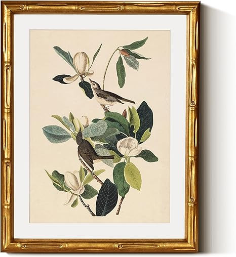 InSimSea Gold Bamboo Framed Canvas Wall Art, Neutral Bird Botanical Paintings, Antique Vintage Pi... | Amazon (US)