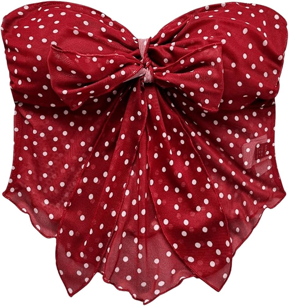 MakeMeChic Women's Summer Polka Dots Tops Strapless Tube Top Tie Front Ruched Backless Bandeau Cr... | Amazon (US)