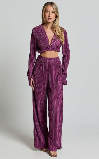 Aluna Two Piece Set - Plisse Twist Front Crop Top and Wide Leg Pants Set in Aubergine | Showpo (US, UK & Europe)