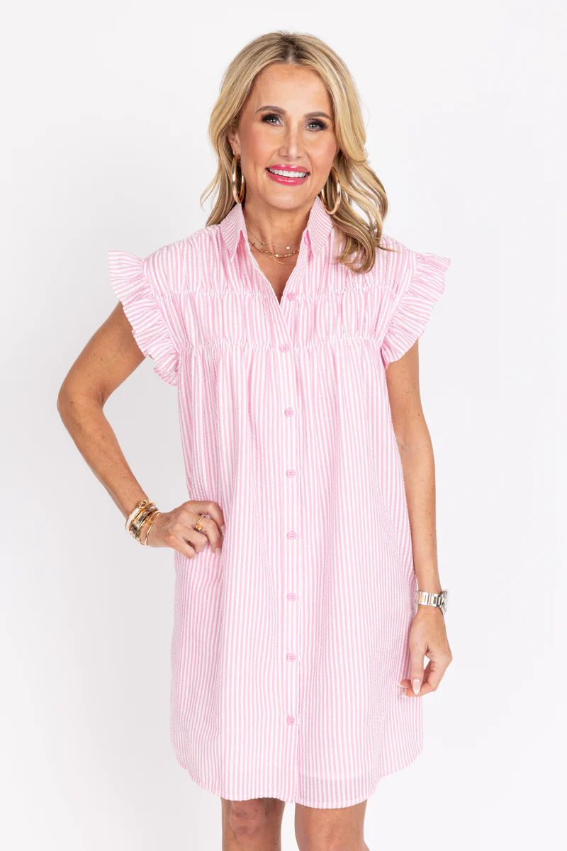 Pink Button Up Dress - Short Ruffle Sleeves | Avara