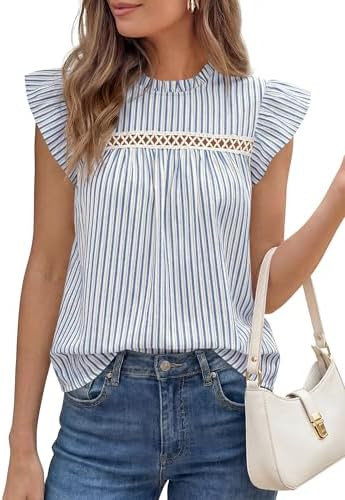 PRETTYGARDEN Striped Shirt Womens Summer Tops 2026 Spring Business Casual Work Dressy Crochet Lac... | Amazon (US)
