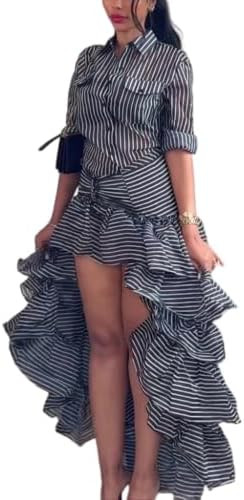 THLAI 2 Piece Outfits for Women Long Sleeve Collared Neck Striped Button Shirt and High Low Ruffl... | Amazon (US)
