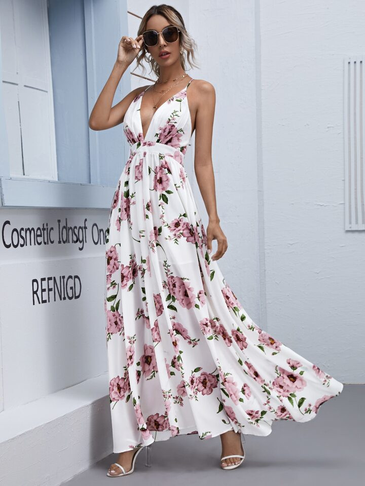 SHEIN VCAY Plunging Neck Crisscross Backless Floral Maxi Dress | SHEIN