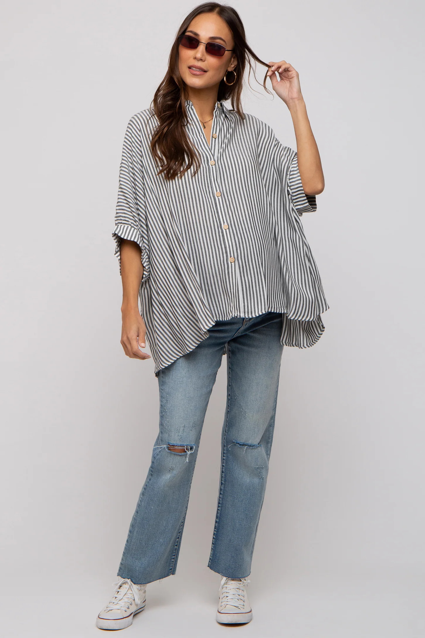 Charcoal Striped Button Up Dolman Maternity Top | PinkBlush Maternity