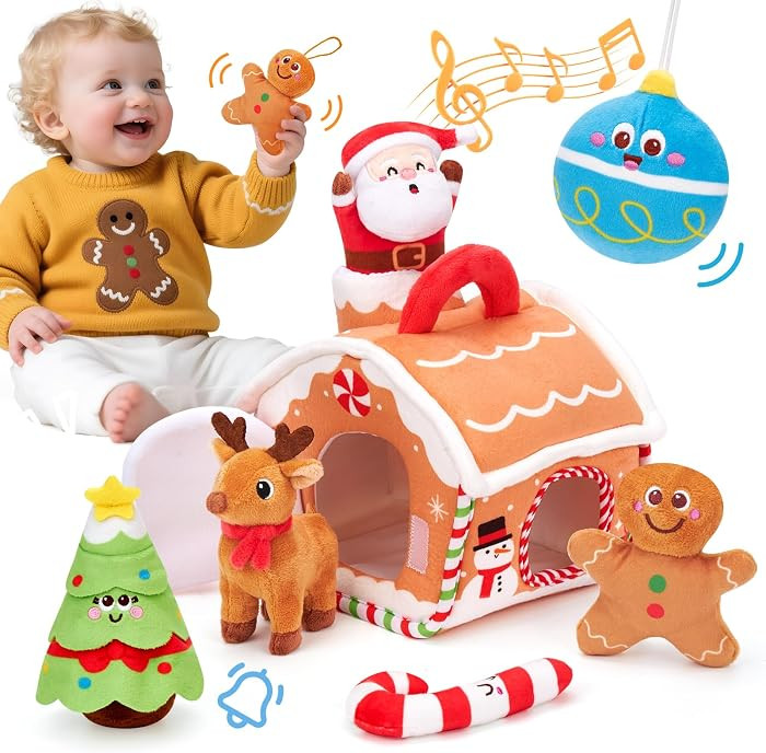 hahaland Baby Christmas Toy for 6 + 12 18 Months – Musical & Sensory Plush Christmas Toys Set w... | Amazon (US)