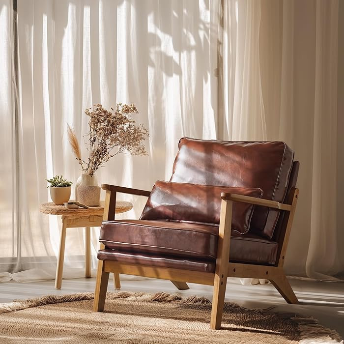 VINGLI Solid Wood Wide Armrests Accent Chair,Upholstered Mid Century Modern Chair with Pillow,Com... | Amazon (US)