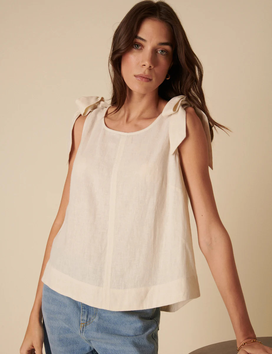 Cream Linen-blend Tie Shoulder Swing Top | Nobody's Child