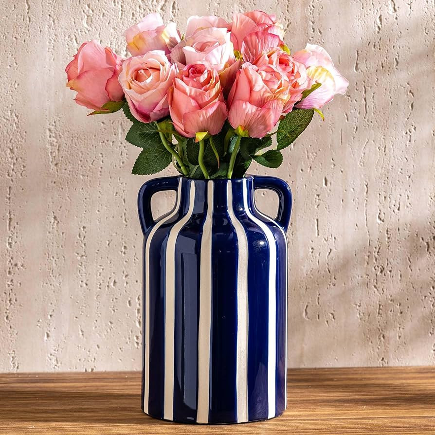 Ceramic Blue and White Checkered Stripes Vase with Handles, Modern Bohemian Floral Navy Blue Vase... | Amazon (US)