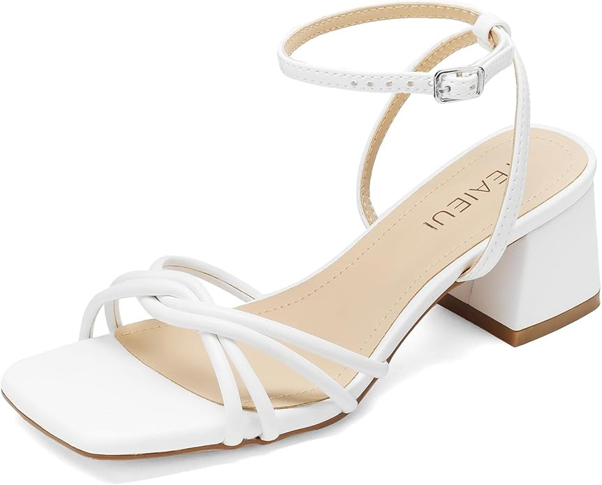 TEAIEUI Chunky Heels for Women, Square Open Toe Heeled Sandals, Strappy Ankle Strap Shoes for Dai... | Amazon (US)
