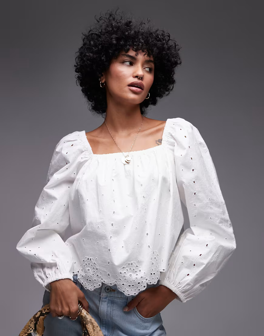 Topshop cutwork long sleeve top in ivory-White | ASOS (Global)