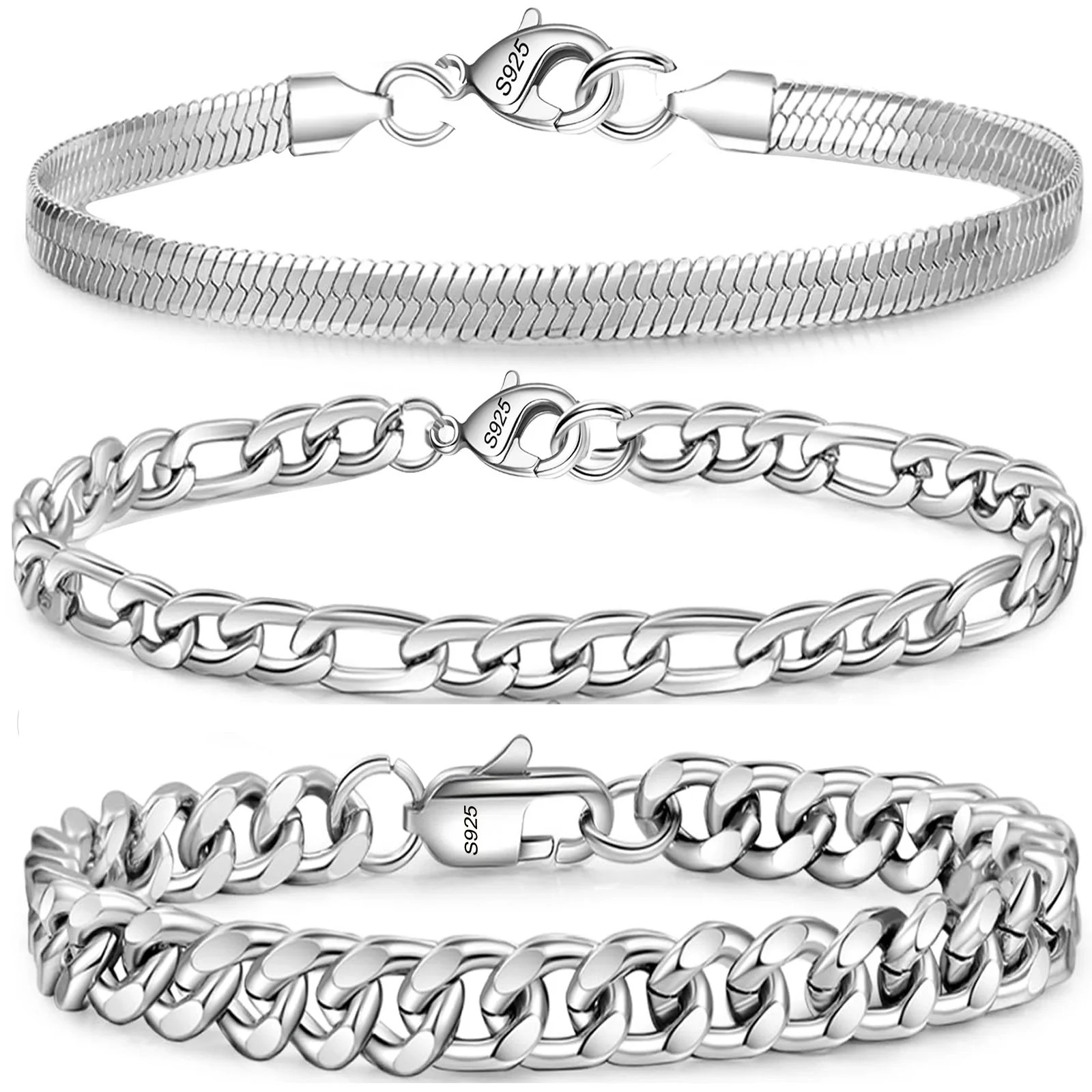 APSVO 3 Pcs Sterling Silver Bracelets for Men Women Boys Charm Cuban Figaro Herringbone Chain Bra... | Walmart (US)
