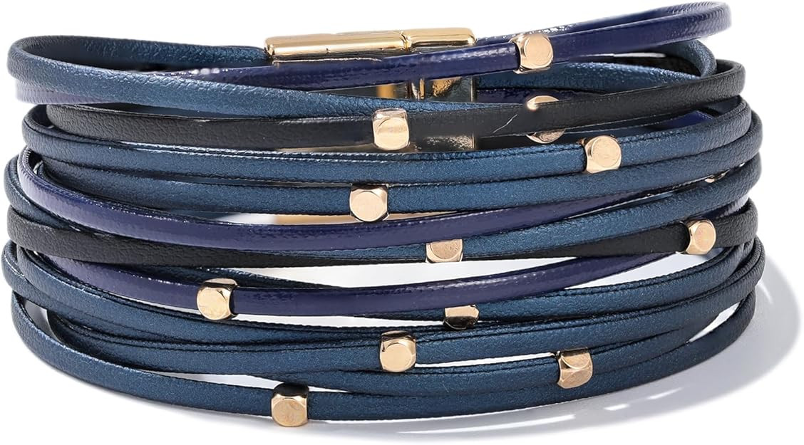 FANCY SHINY Beaded Leather Wrap Bracelets Cute Boho Stackable Bangle Cuff with Magnetic Clasp | Amazon (US)