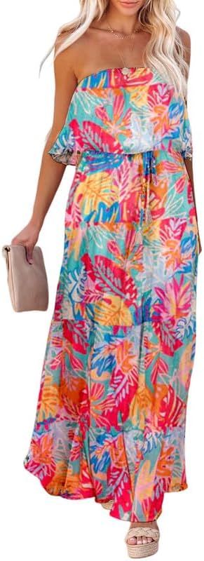 Dokotoo Womens Strapless Dresses Casual Summer High Waist Side Split Flowy Boho Maxi Dress | Amazon (US)