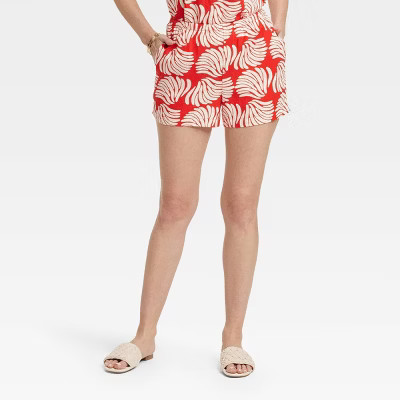 Women's Mid-Rise Linen Pull-On Shorts - A New Day™ Red/Cream XS: Seam Pocket, Adjustable Waistb... | Target