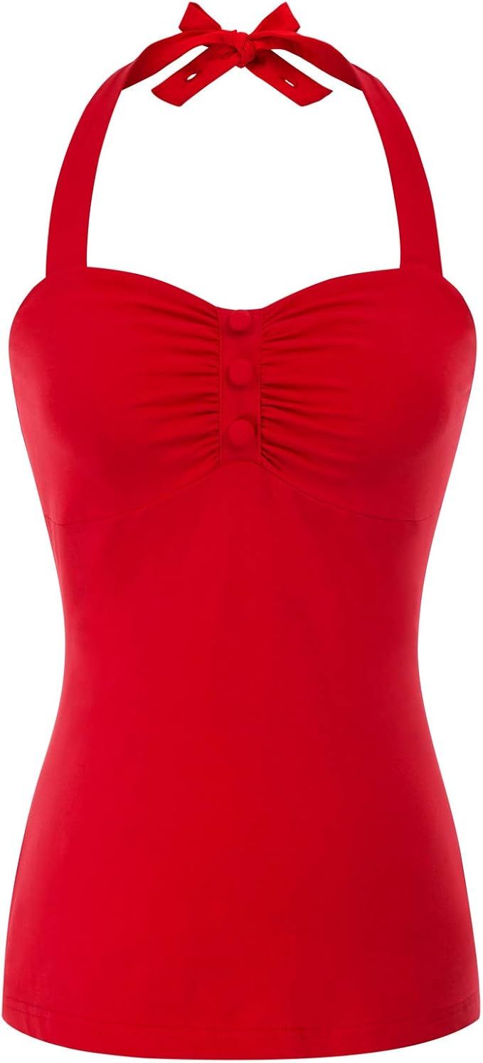 Belle Poque Women's Halter Tie Tops Sweetheart Neck Slim Tees 1950s Pin-Up Style | Amazon (US)