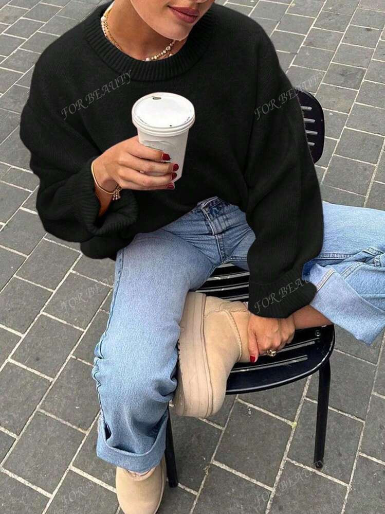 FOR BEAUTY Spring/Autumn New Solid Color Simple Round Neck Long Sleeved Tops Women Knitted Sweater For Women, J Fashion Loose Commuting Style Sweater Jumpers For Women Black Tops | SHEIN