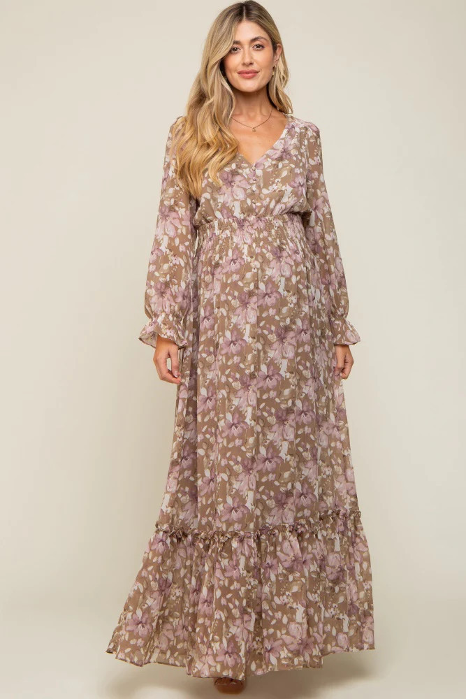 Mocha Floral Chiffon Button Front Smocked Waist Maternity Maxi Dress | PinkBlush Maternity