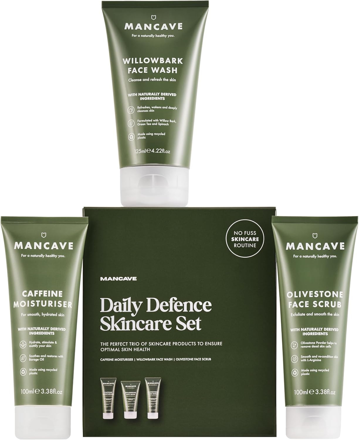 ManCave Daily Defence Skincare Gift Set for Men, Natural & Vegan Face Wash, Face Scrub & Moisturi... | Amazon (UK)