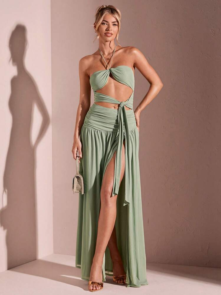 SHEIN BAE Women's Summer Beach Dress Solid Color Mesh Ruched Strap High Slit Sexy Long Dress For ... | SHEIN