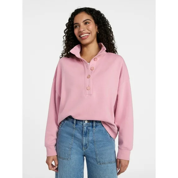 Time and Tru Women's Quarter Button Fleece Top with Long Sleeves, Size XS-XXXL | Walmart (US)