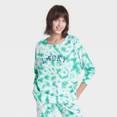 Women's Lucky Tie-Dye Wash Graphic Sweatshirt - Green | Target