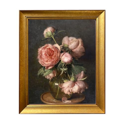Gold Framed Pink Peonies Flower Oil Painting on Canvas Vintage Dark Floral Wall Art Farmhouse Picture Wall Decor Moody Canvas Print for Living Room Bedroom Bathroom Decor | Amazon (US)