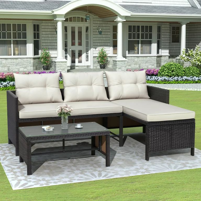 3 Pieces Patio Furniture Sectional Set, Outdoor Furniture Set with Two-Seater Sofa, Lounge Sofa, ... | Walmart (US)