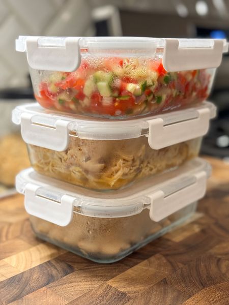 Glass food storage containers - comes in other colors and a set of 8 

Great for storing leftovers or for meal prep - used the veggie chopper linked below to chop and prep bell pepper, cucumber and onion 

Slow cooker chicken is in the second container and leftover beans in the third. 

#LTKSummerSales #LTKFindsUnder50 #LTKHome