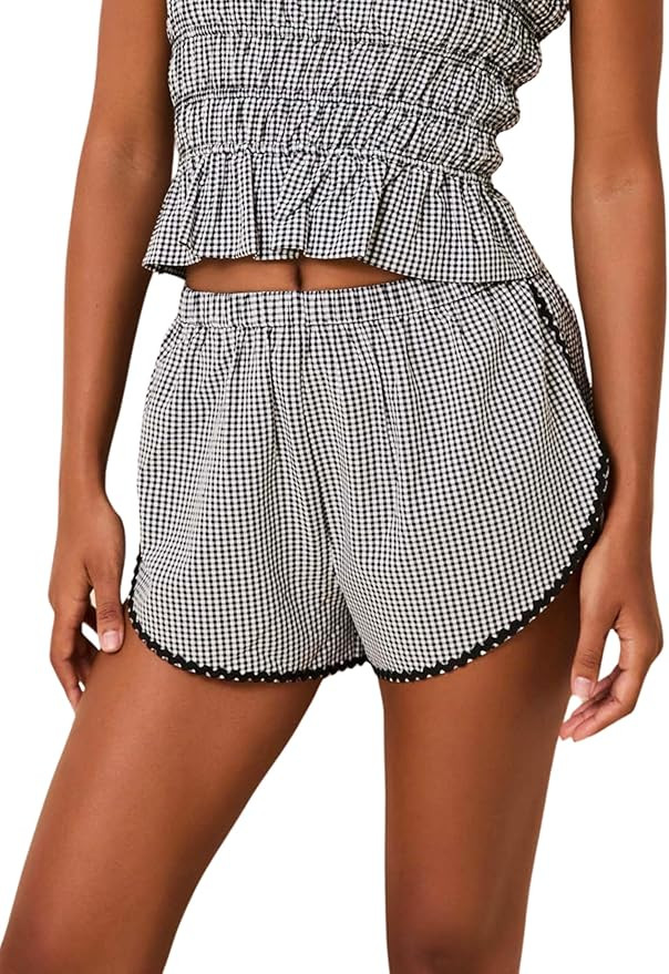 Womens Gingham Plaid Cotton Short Casual Summer Beach Comfy Bottom Cute Cozy Shorts | Amazon (US)