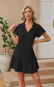 Angashion Womens Summer Mini Dress Short Sleeves V Neck Dresses Ruffle Casual Tie Sundress with P... | Amazon (US)