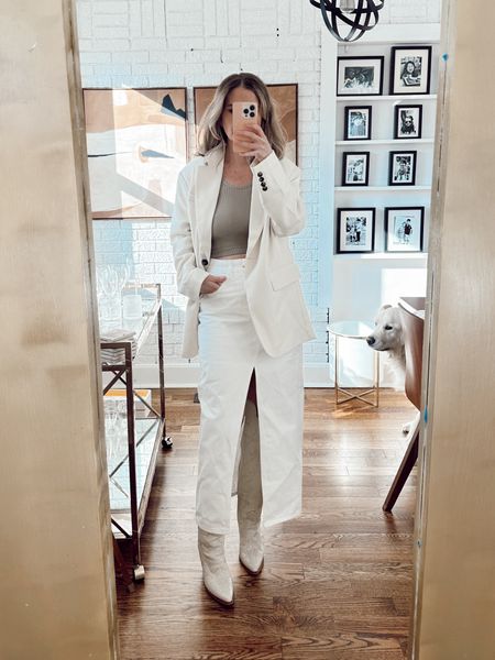 Monochromatic neutral outfit. White denim skirt
Oversized blazer 
Amazon cropped tanks 


#LTKover40 #LTKSeasonal #LTKfindsunder100