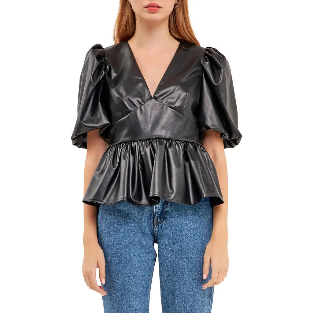 English Factory Puff Sleeve Faux Leather Peplum Top in Black at Nordstrom, Size Small | Nordstrom