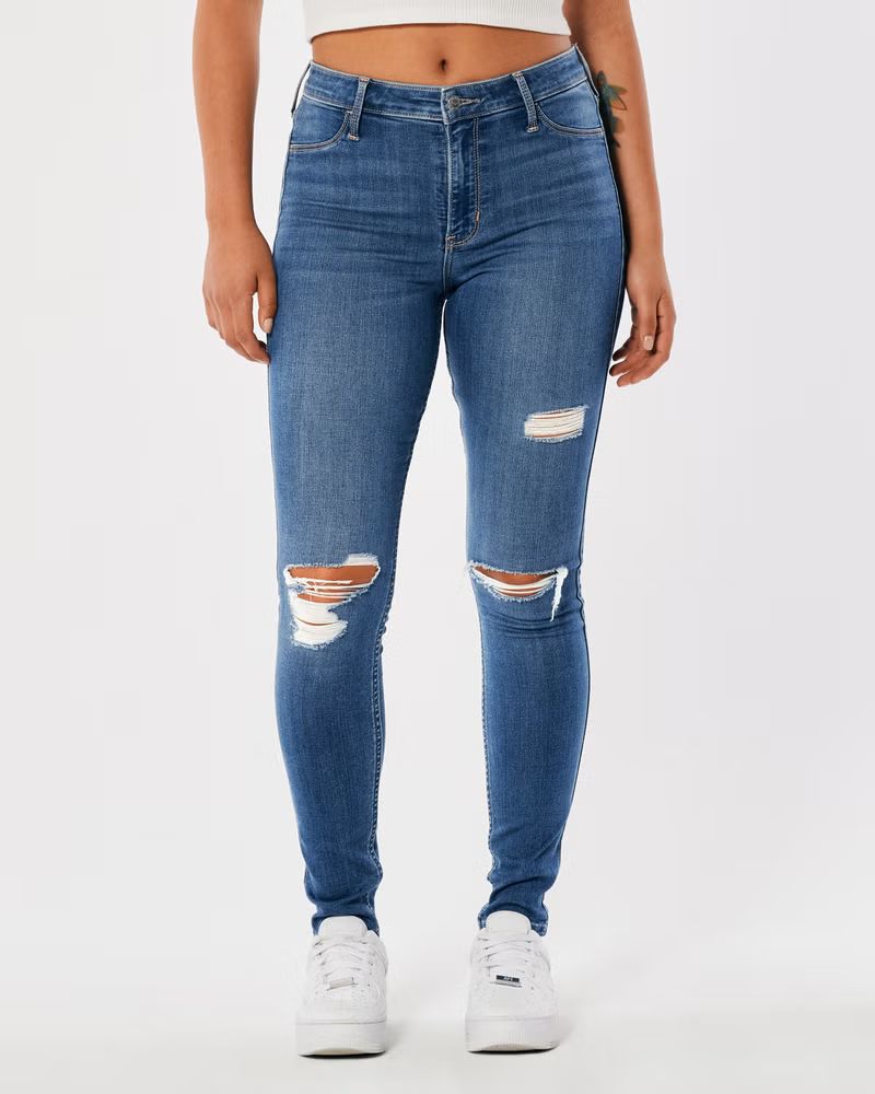 Women's High-Rise Ripped Medium Wash Jean Leggings | Women's Bottoms | HollisterCo.com | Hollister (US)