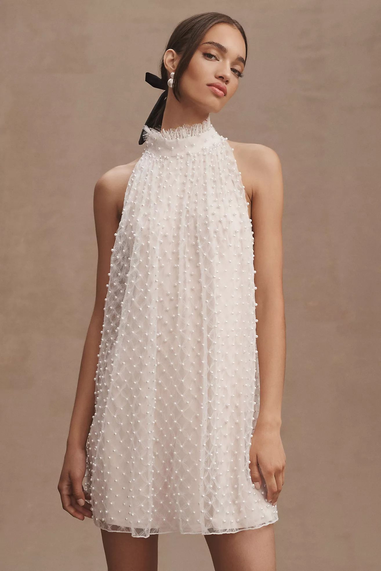 Tadashi Shoji Milena Allover Pearl Halter Mini Dress | Anthropologie (US)