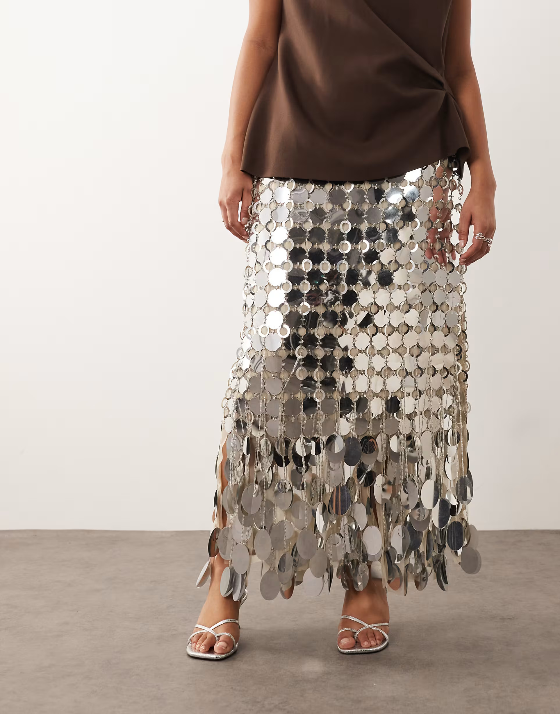 ARRANGE Curve futurist sequin fringe hem midi skirt in silver | ASOS | ASOS (Global)