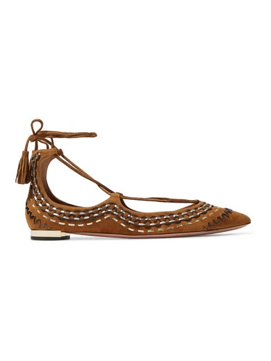Aquazzura - Christy Folk Embroidered Suede Point Toe Flats - Tan | NET-A-PORTER (US)