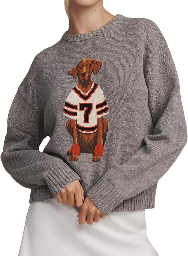 Women Dog Print Sweater Crew Neck Long Sleeve Knit Top Pullover Jumper Fall Winter 2025 Cloth Out... | Amazon (US)