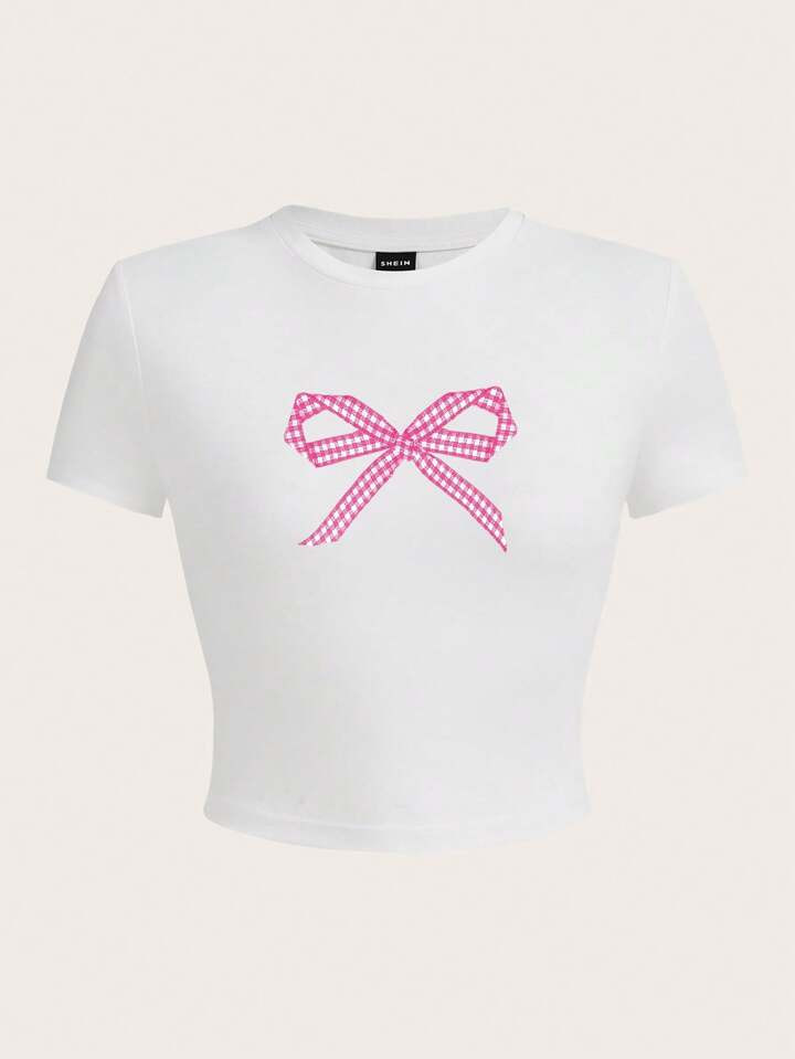 SHEIN Qutie Women'S Slim Fit T-Shirt With Pink Bowknot Pattern | SHEIN