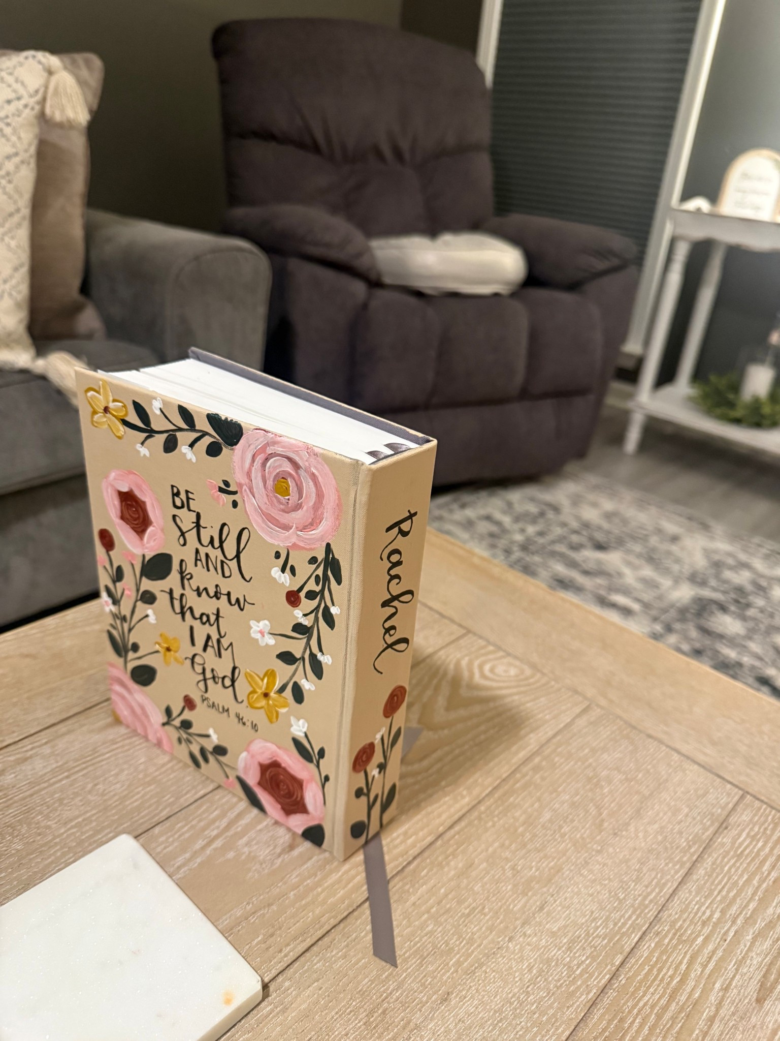 Bible I got for my bff birthday with her favorite bible verse.  Great quality and she loved it. 