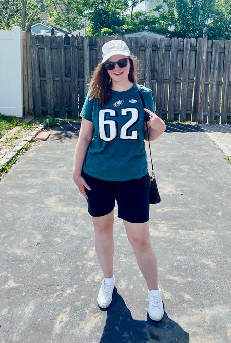 Philadelphia Eagles shirt - Jason Kelce
Long gym shorts 
Casual wear 
Hot Dog baseball hat


#LTKfindsunder50 #LTKSeasonal #LTKfitness