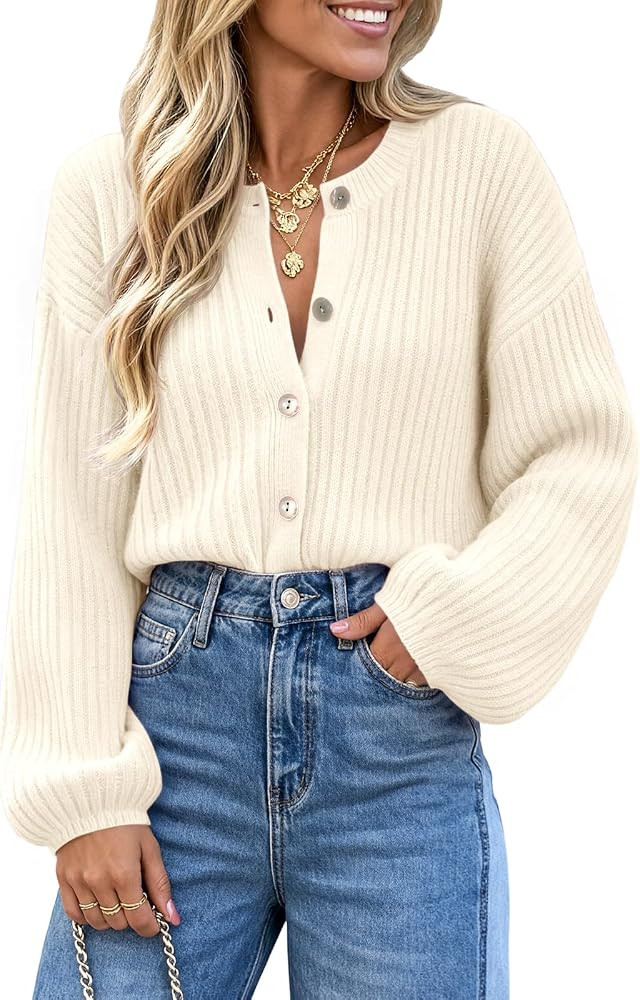 Saodimallsu Womens Button Down Cardigan Lantern Sleeve Fall Casual Sweaters | Amazon (US)