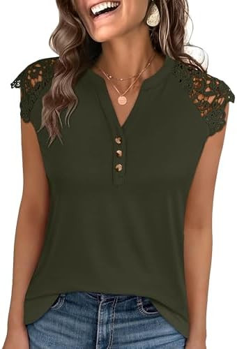 ANRABESS Womens Tops Dressy Casual Lace Cap Sleeve Henley Shirts Summer Sleeveless Button Down Bl... | Amazon (US)