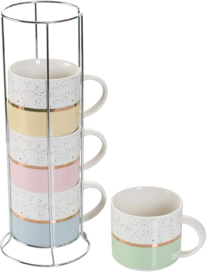 Hasense Stackable Coffee Mugs Set of 4 with Metal Stand, 15 Ounce Large Stacking Ceramic Cups wit... | Amazon (US)