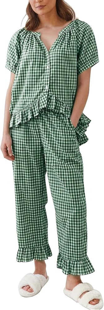 Gihuo Gingham Pajama Set for Women 2 Piece Plaid Cotton Button Down Top and Pants Ruffle Babydoll... | Amazon (US)
